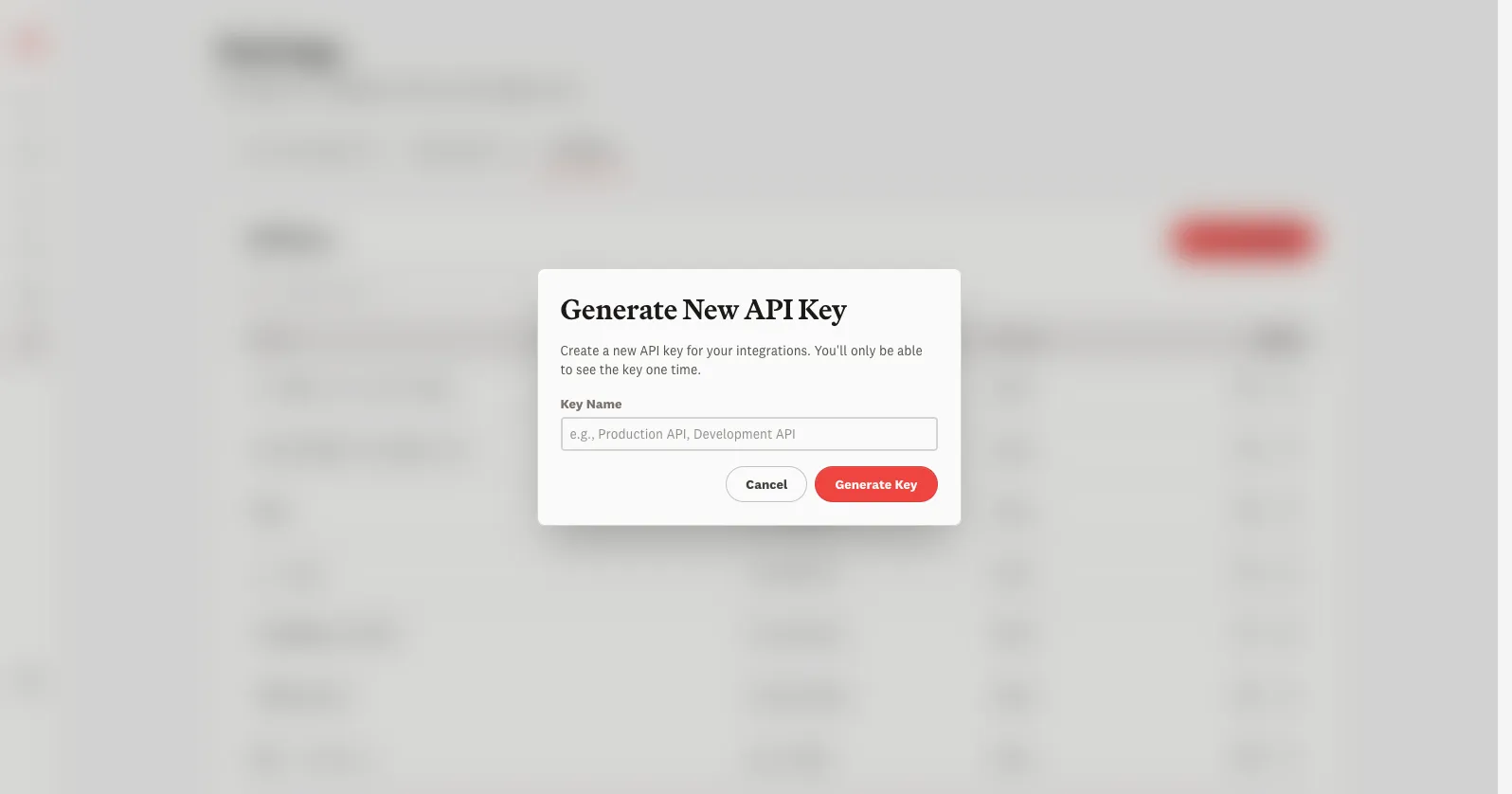 Generate New API Key dialog with a key name field