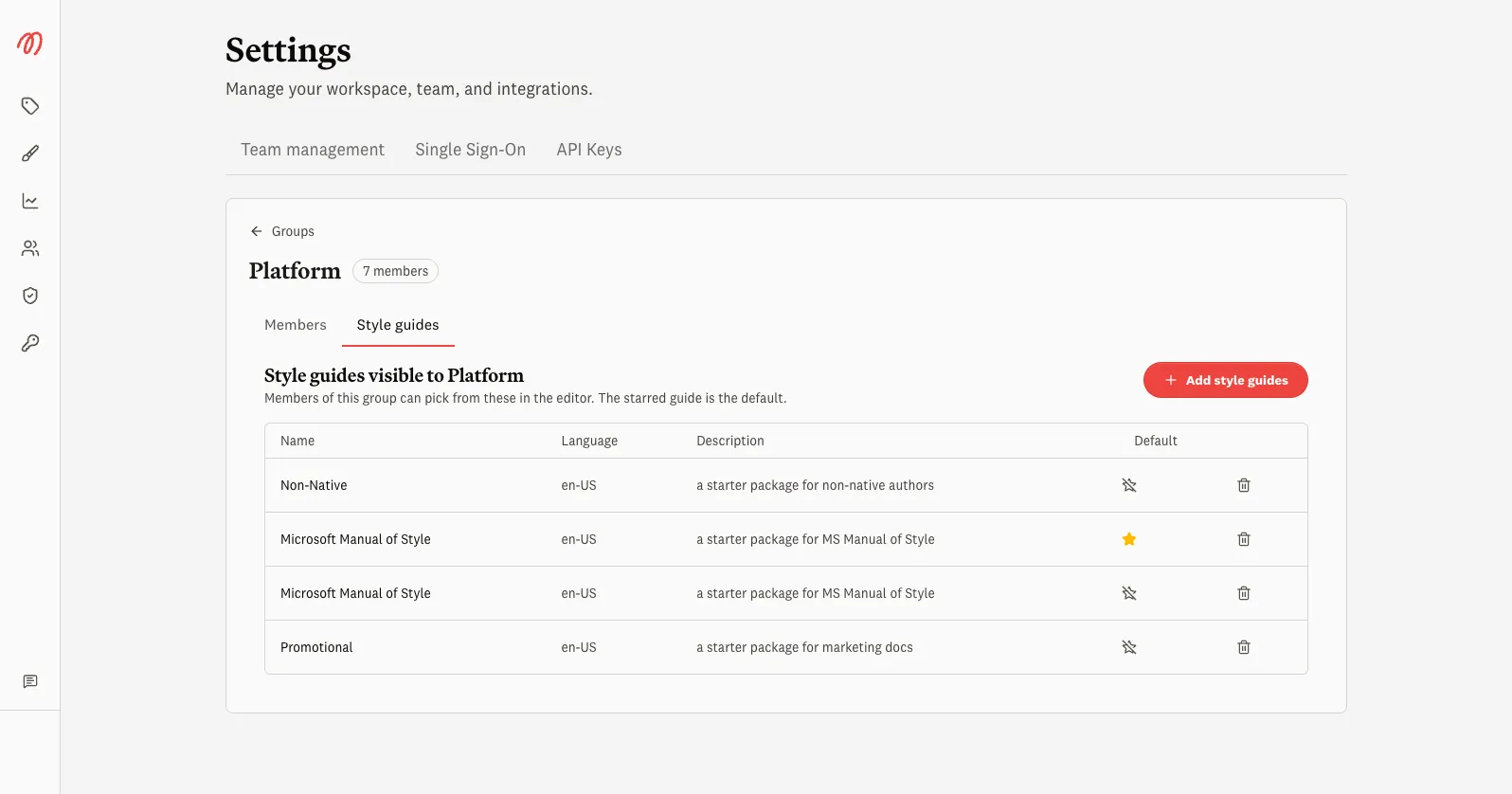 Group style guides tab listing visible style guides with a default selector