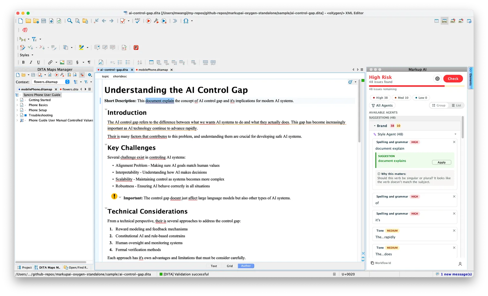 Markup AI sidebar showing 'High Risk', an issue count, severity chips (High, Med, Low), and the grouped Suggestions list from the Style Agent, with one card expanded showing a suggested replacement and an Apply button.