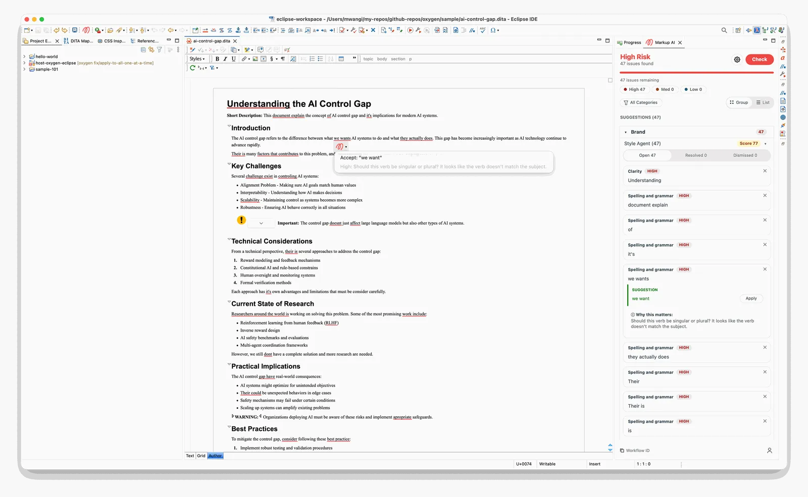 Oxygen Author page in Eclipse with the Markup AI menu open beside the flagged phrase 'we wants', offering Accept: 'we want' and the explanation, while the matching sidebar card shows the same suggestion with an Apply button and a Why this matters note.