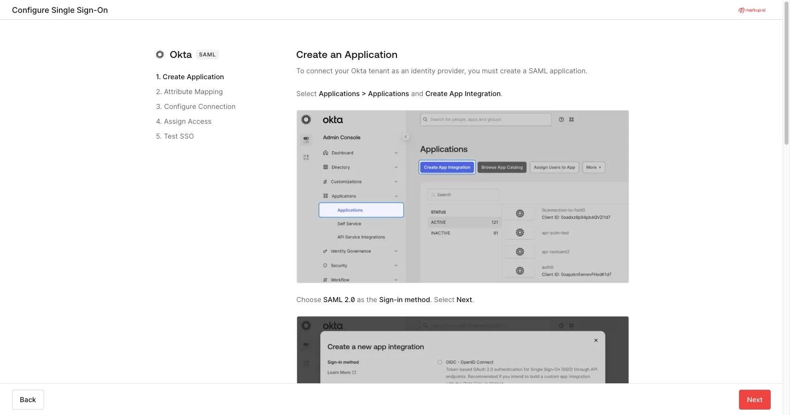 Hosted SSO setup showing Okta instructions and the SP metadata URLs