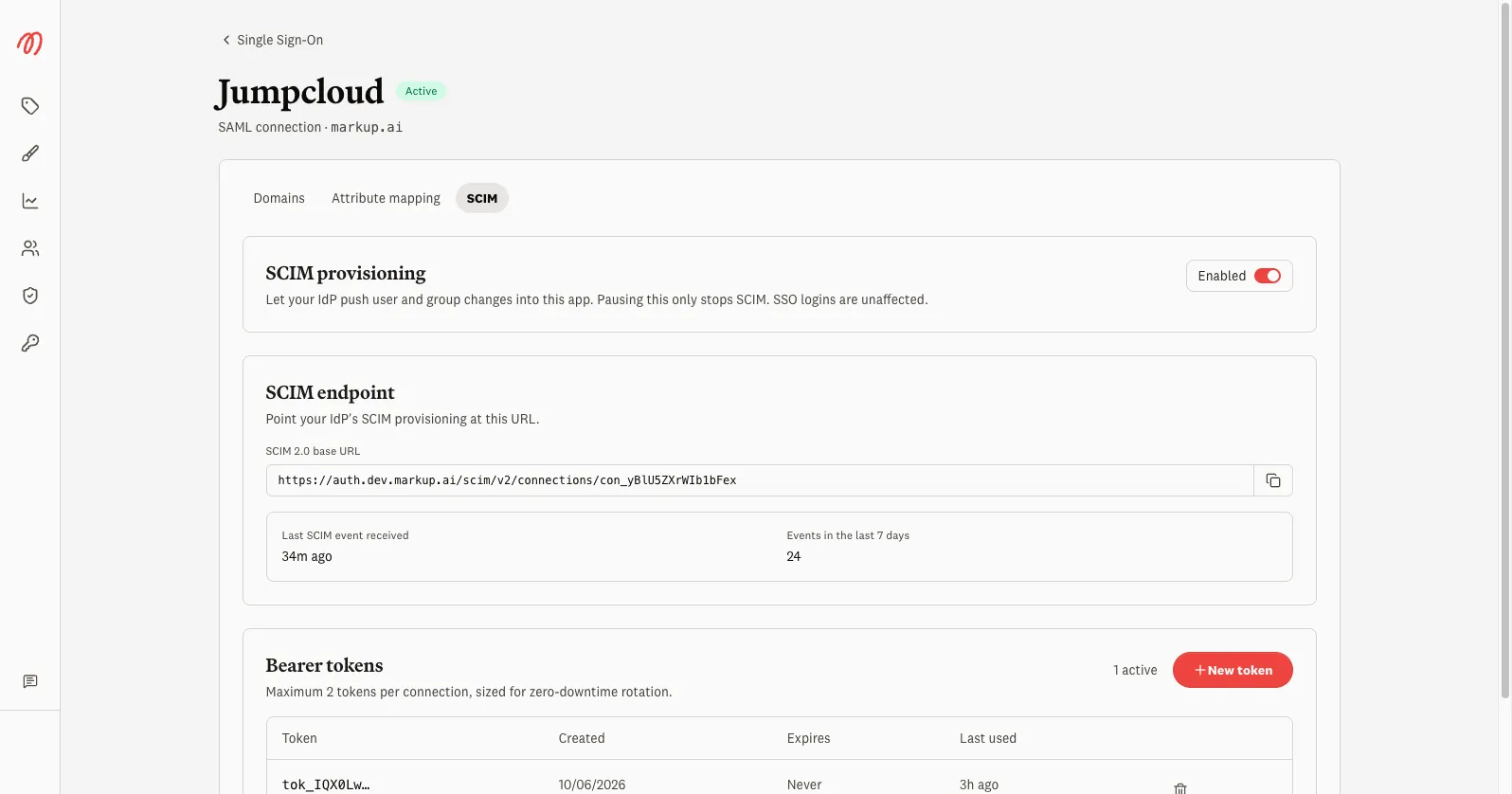 SCIM provisioning tab with endpoint URL, event status, and bearer tokens