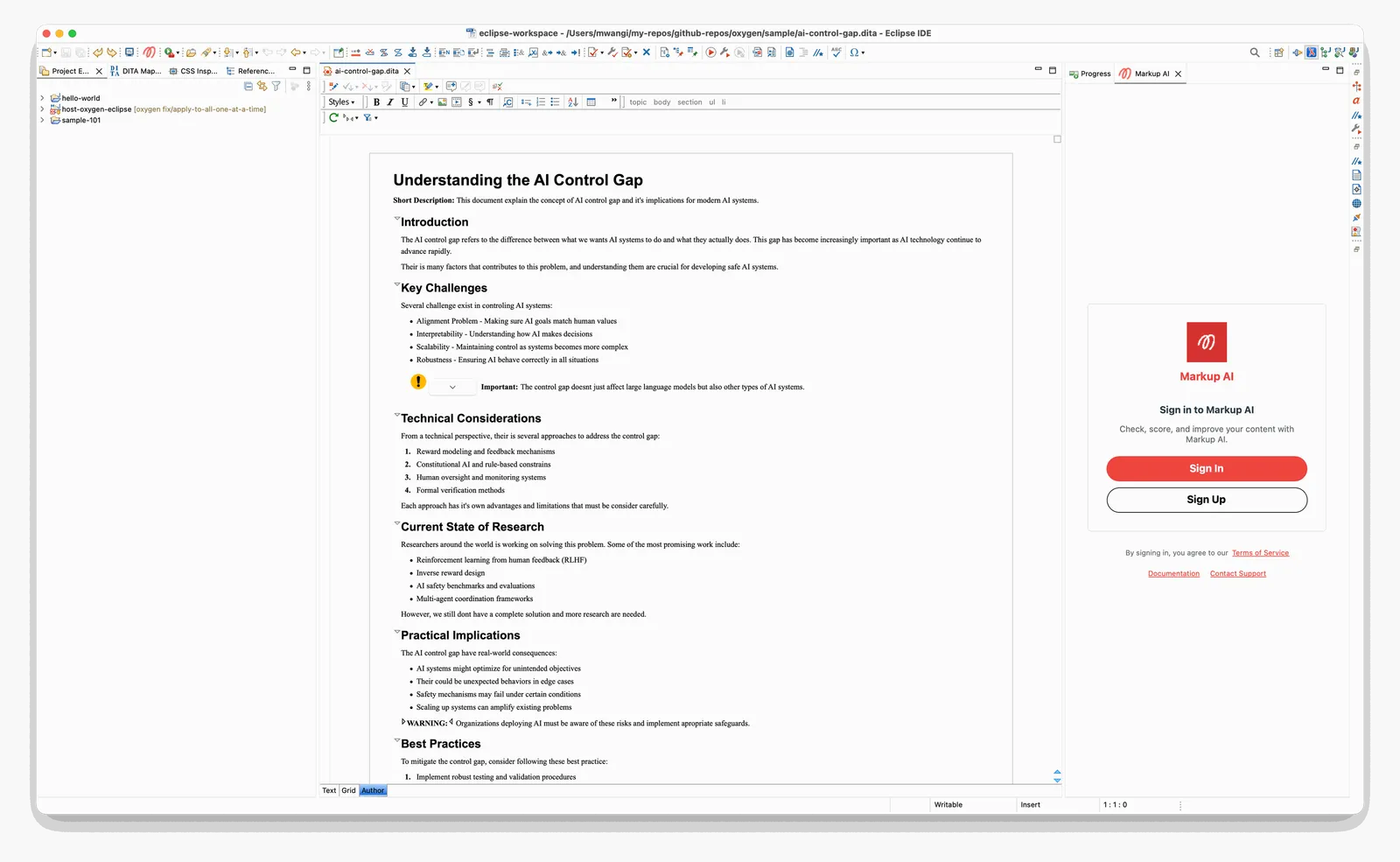 Eclipse with a DITA topic open in the Oxygen Author page and the Markup AI view beside it, showing the Sign In panel with Sign In and Sign Up buttons and links to the Terms of Service, Documentation, and Contact Support.