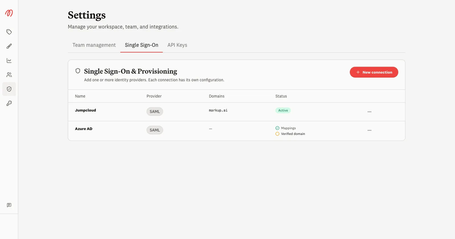 Single Sign-On connections list with JumpCloud and Azure AD connections