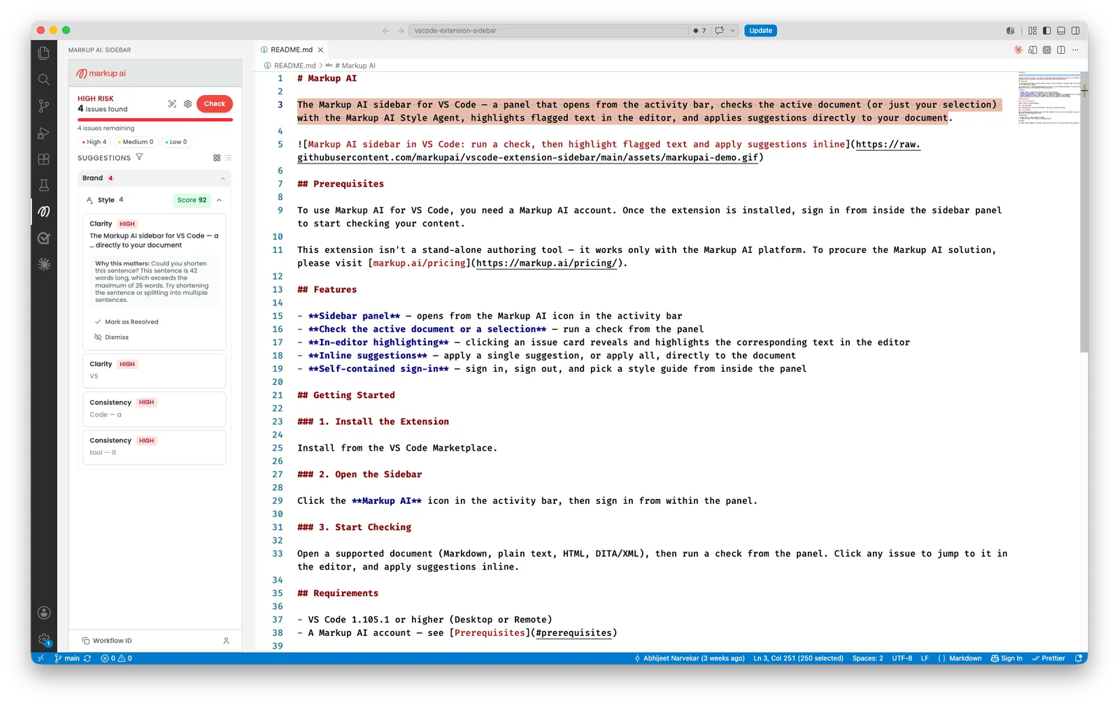 Markup AI sidebar after a check, showing HIGH RISK with 4 issues found, severity counts by High, Medium, and Low, the Style agent group with a Score 92 badge, and an expanded Clarity issue card with a Why this matters explanation — with the flagged sentence highlighted in the open Markdown document.