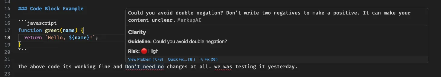 A hover card over a flagged sentence in a Markdown file, reading 'Could you avoid double negation? Don't write two negatives to make a positive. It can make your content unclear.' with a Clarity heading, a Guideline line, and Risk: High, above the underlined phrase in the editor.