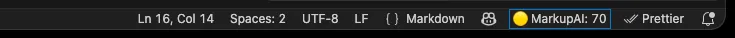 The right-hand end of the VS Code status bar showing a yellow dot followed by MarkupAI: 70, next to the usual line and column, encoding, and language mode indicators.