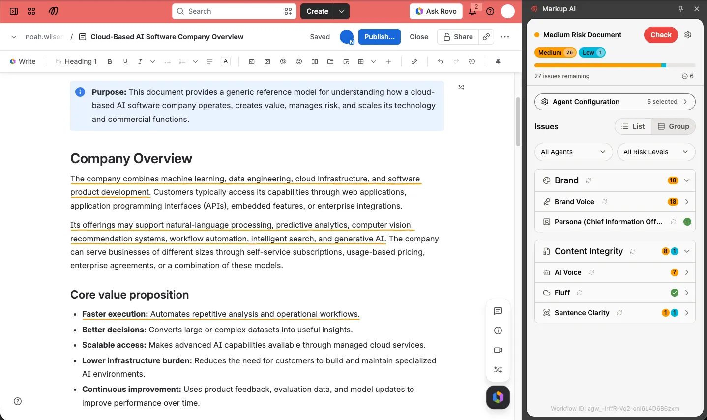 A Confluence page open in the editor with several sentences underlined in orange, next to the Markup AI panel showing a Medium Risk Document badge, 27 issues remaining, and the issue list grouped by agent — Brand Voice, Persona, AI Voice, Fluff, and Sentence Clarity — with issue counts per agent.