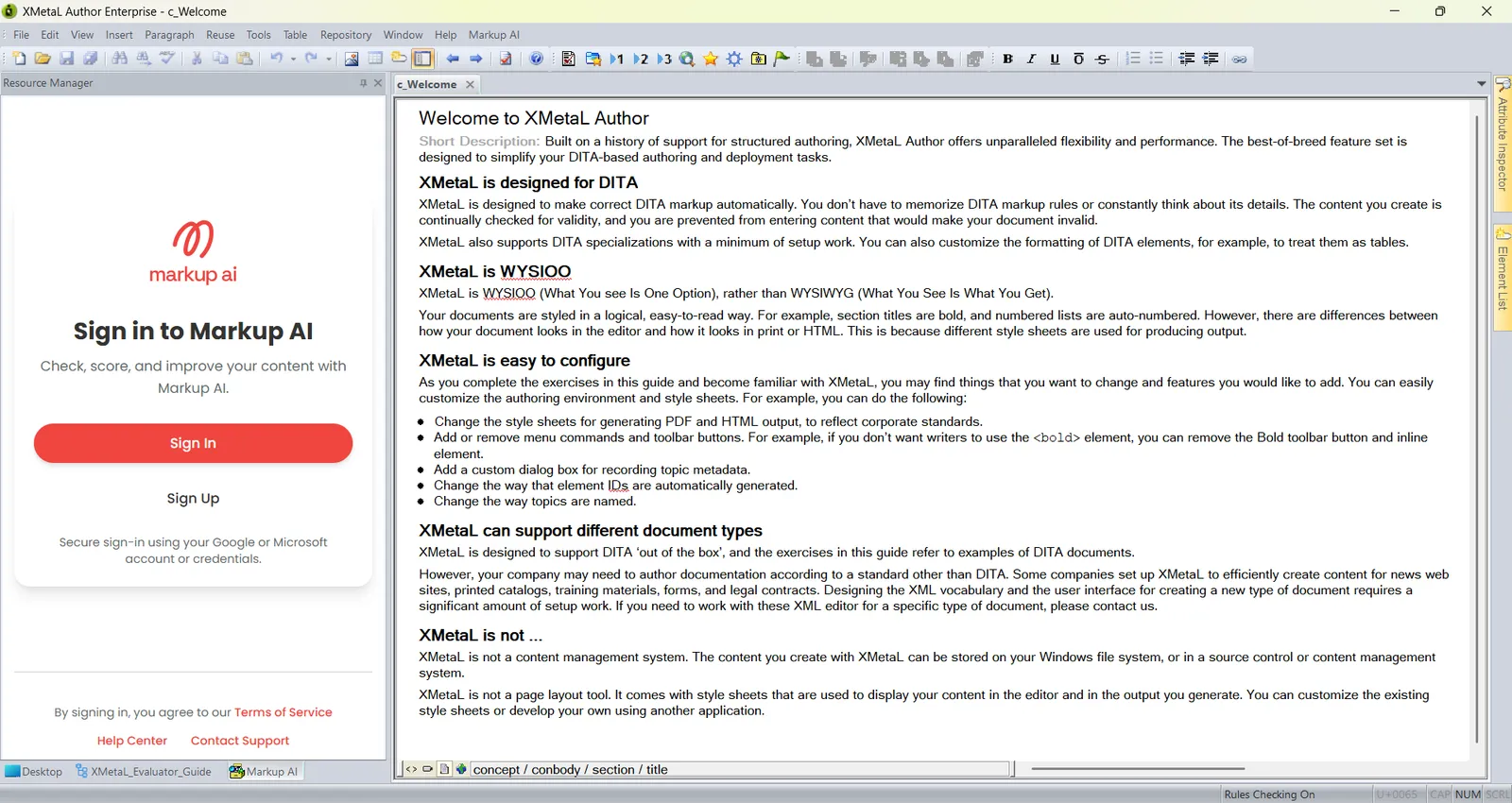 XMetaL Author with the Markup AI sidebar docked in the Resource Manager, showing the Sign in to Markup AI view with Sign In and Sign Up buttons.