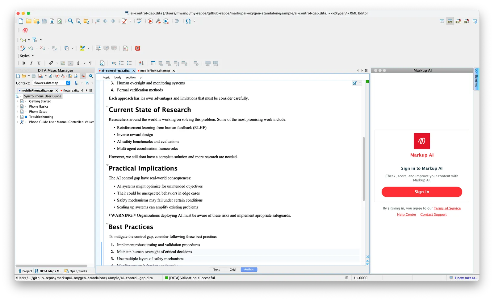 Oxygen XML with the Markup AI sidebar open, showing the Sign In panel with a Sign In button and links to the Help Center, Contact Support, and Terms of Service.
