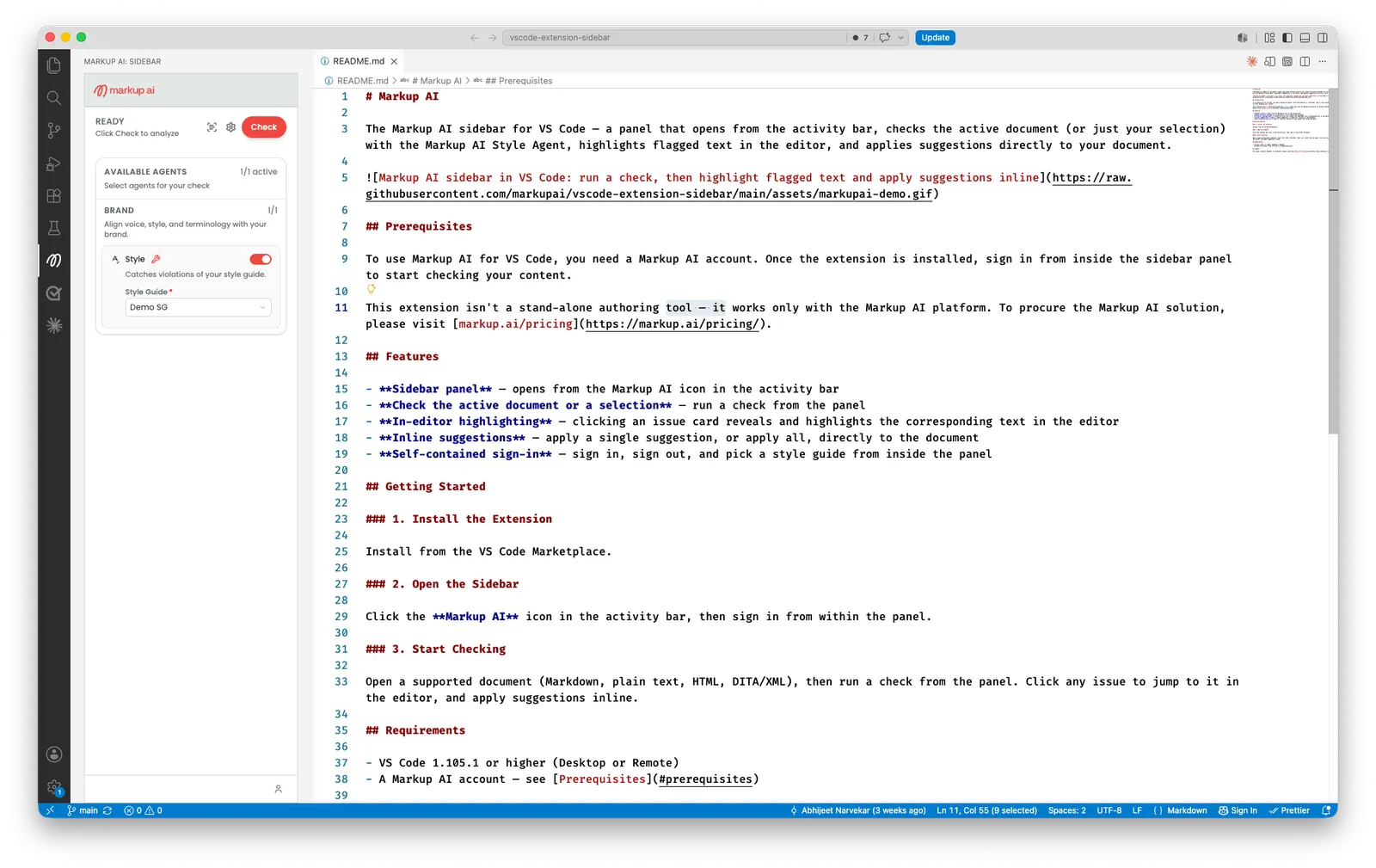 Markup AI sidebar panel in its READY state showing the Available Agents panel with the Style agent toggled on under Brand and a Style Guide dropdown, next to a Markdown document.