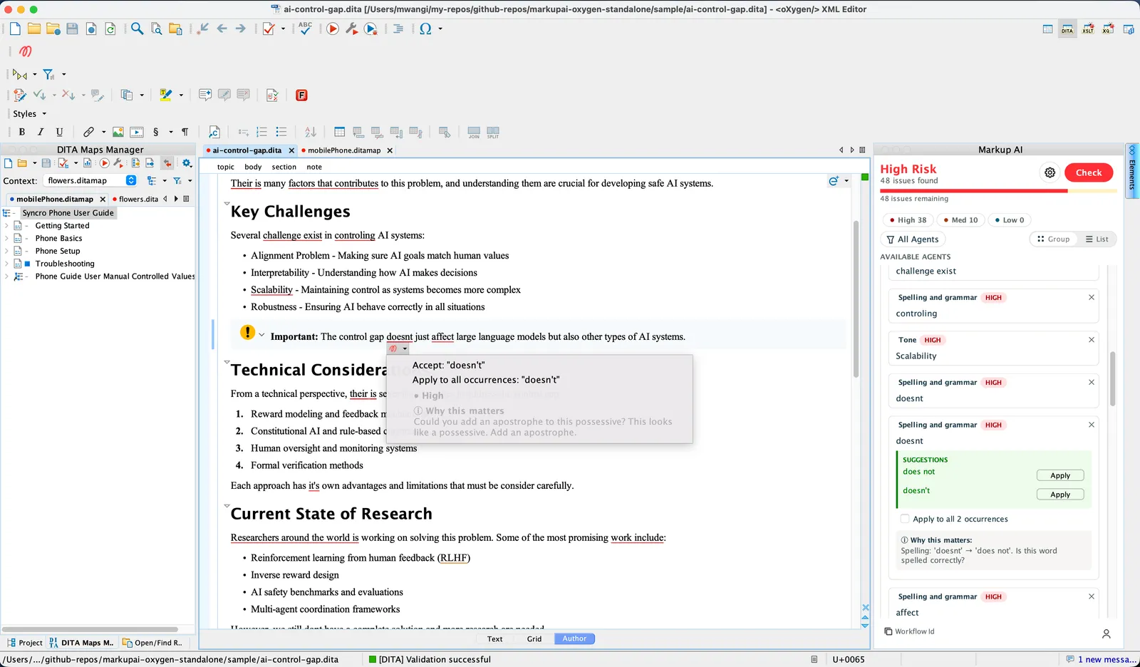 Oxygen editor with a flagged word highlighted and a popup offering 'Accept' for a single occurrence and 'Apply to all occurrences', alongside the Markup AI sidebar suggestions list.