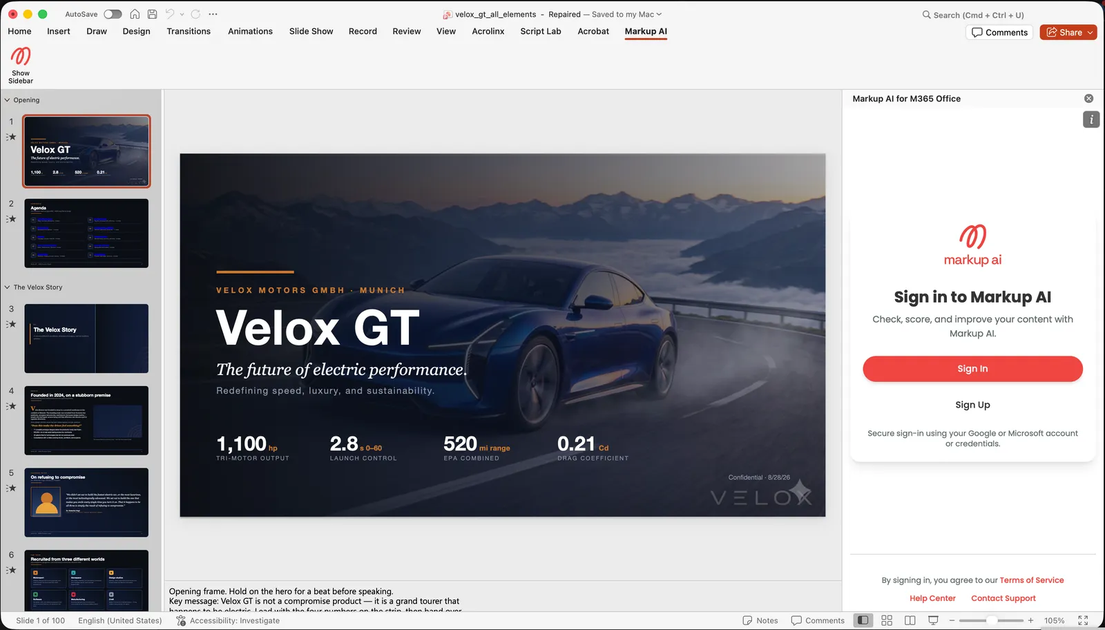 A PowerPoint presentation with the Markup AI for M365 Office task pane open on the right, showing the Sign in to Markup AI screen with Sign In and Sign Up buttons, and the Markup AI tab with its Show Sidebar button on the ribbon above.