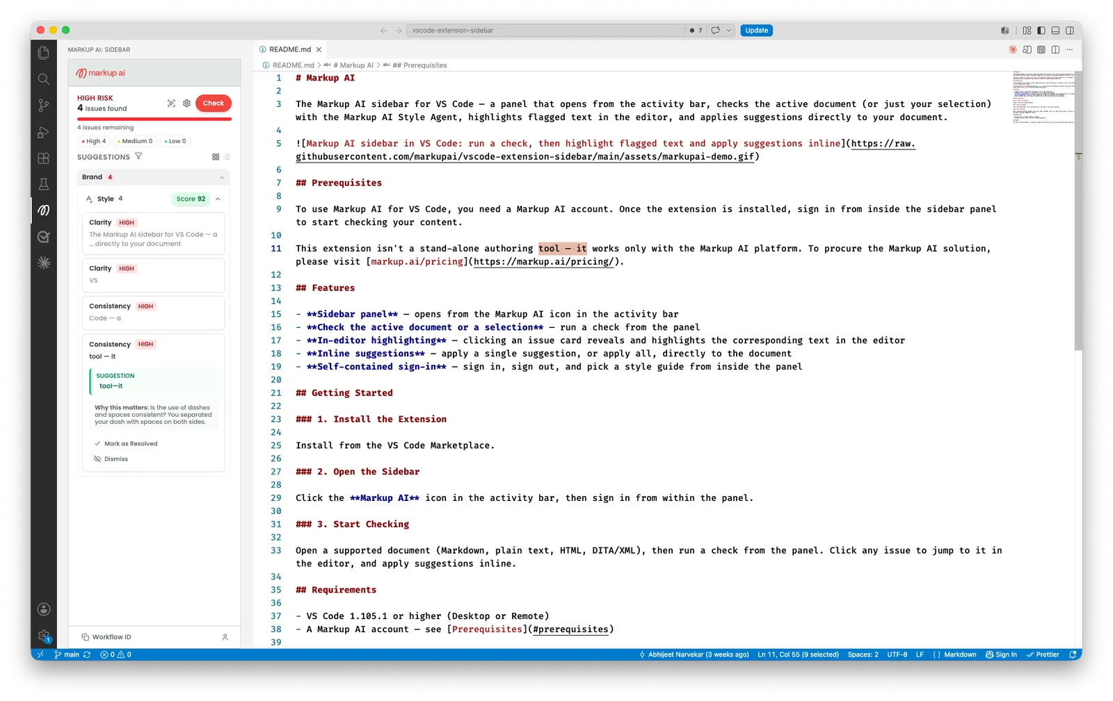 A Consistency issue card expanded in the Markup AI sidebar showing the flagged text, a SUGGESTION block with the proposed replacement, a Why this matters explanation, and Mark as Resolved and Dismiss actions — with the matching phrase highlighted in the editor.