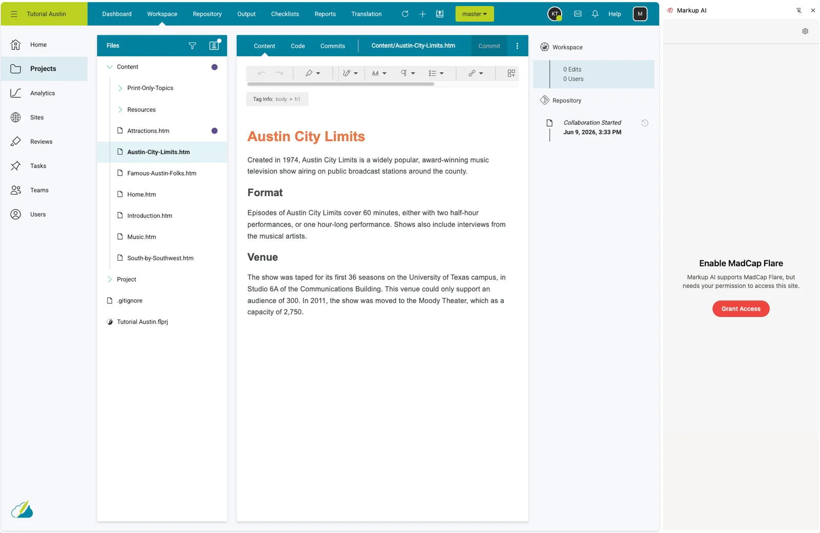 A content file open in the MadCap Flare Online workspace with the Markup AI panel alongside it, prompting for permission to access the site with a Grant Access button.