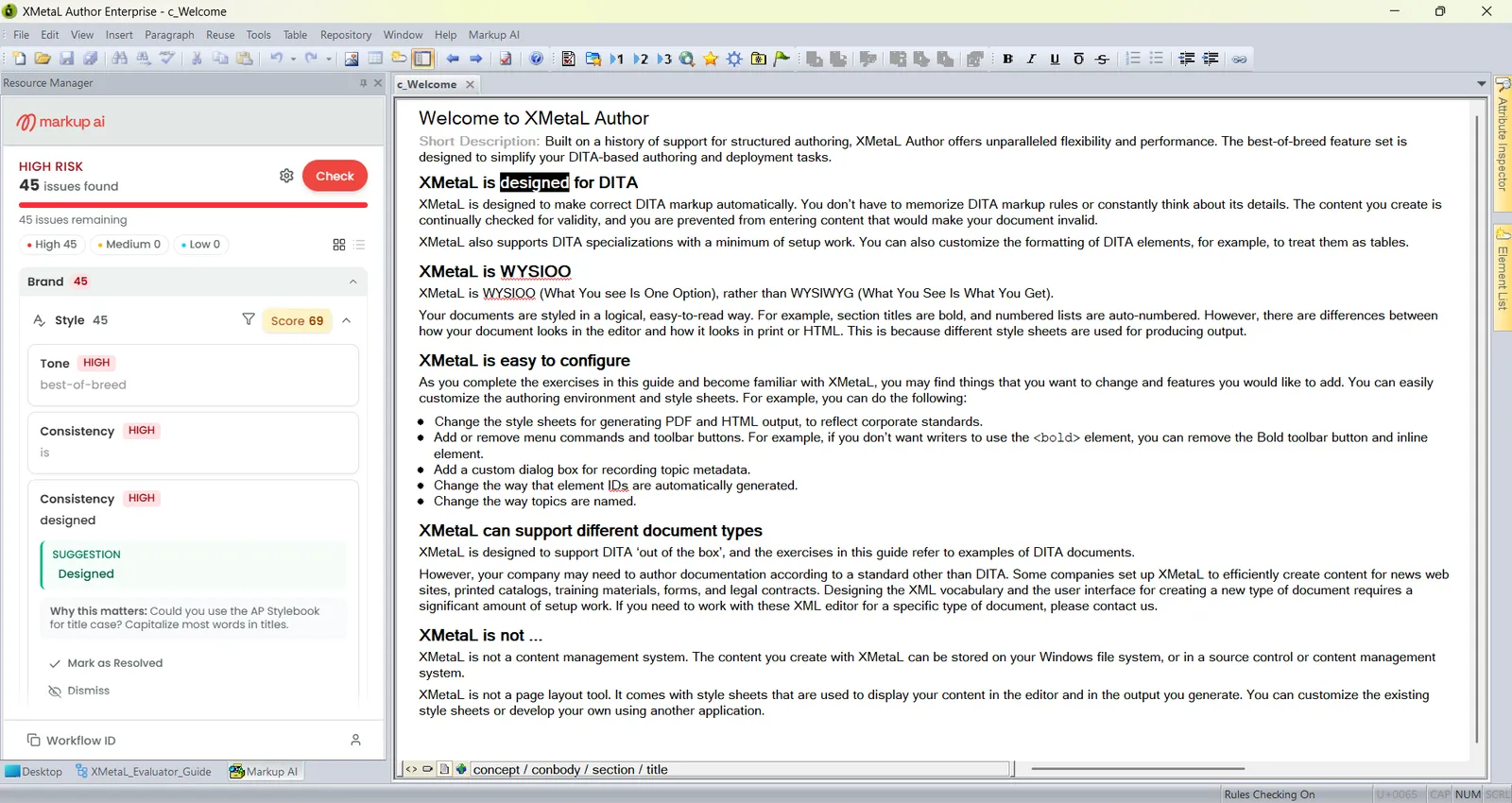 Markup AI sidebar docked beside a document after a check, showing a High Risk banner, 45 issues found, a severity breakdown, and issues grouped under Brand and Style.