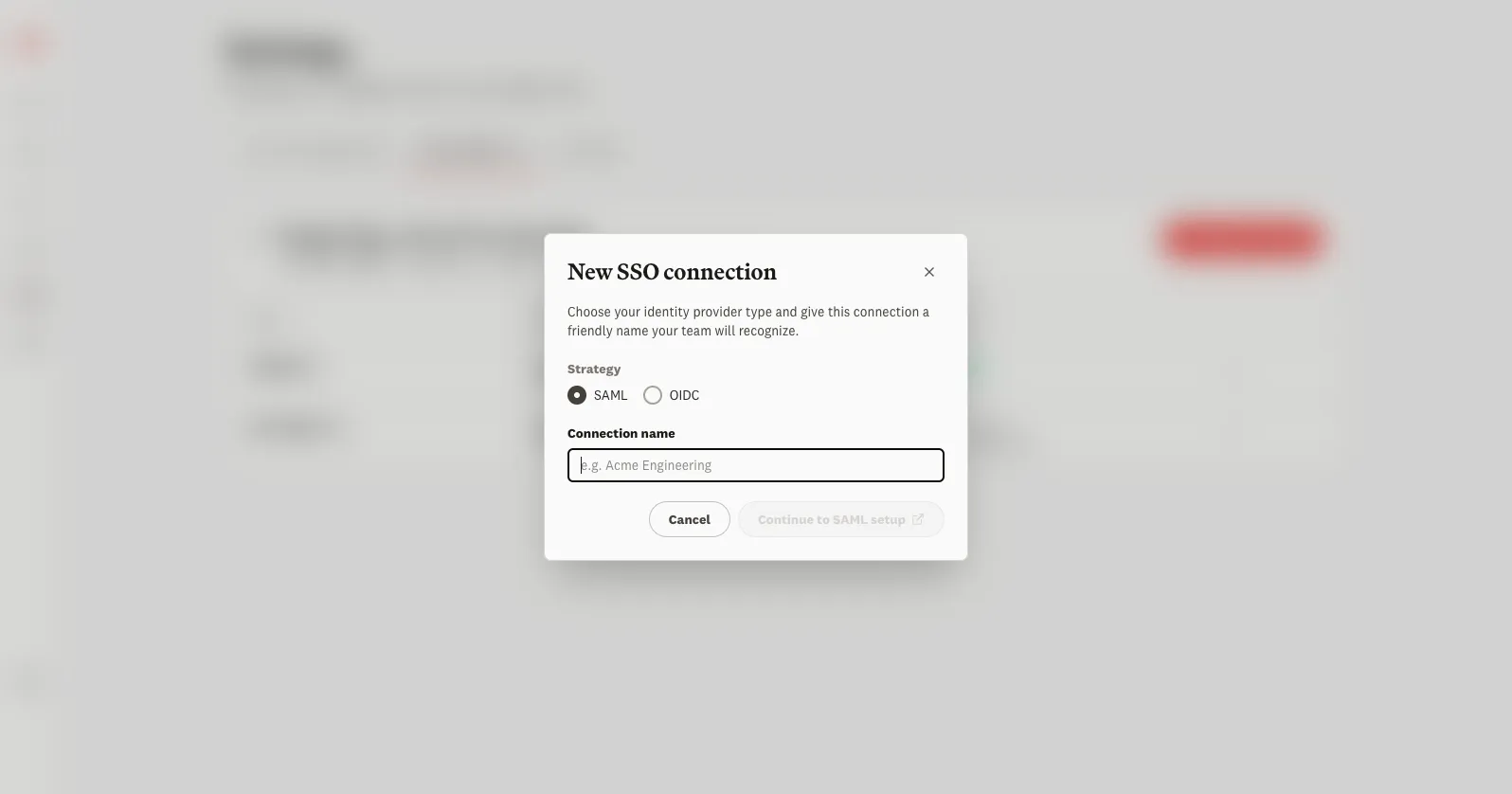 New SSO connection dialog with SAML and OIDC options