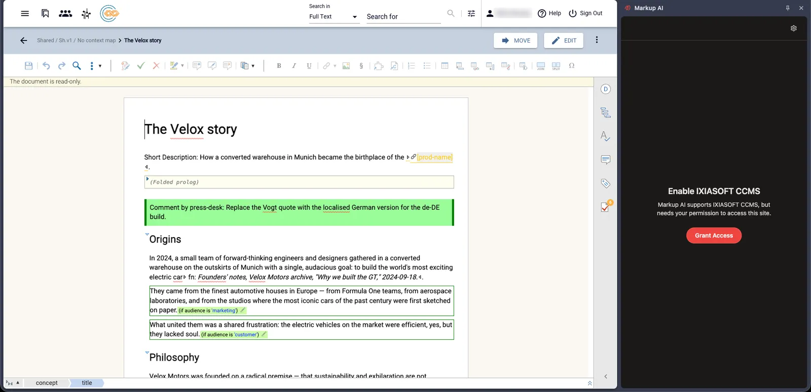 A DITA topic open in the MadCap IXIA CCMS editor with the Markup AI panel alongside it, prompting for permission to access the site with a Grant Access button.
