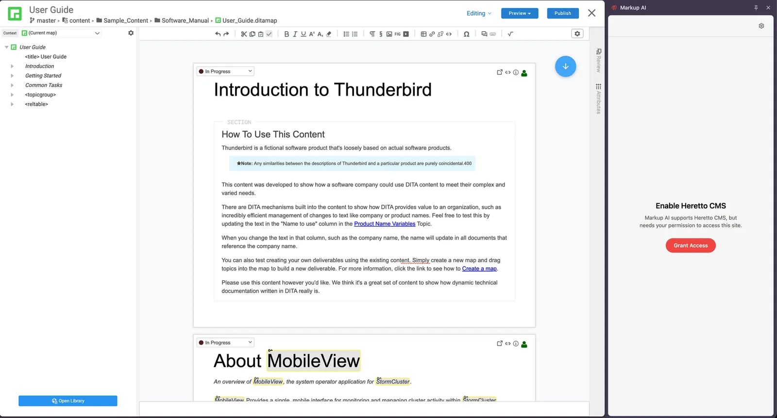 A DITA map open in the Heretto editor with the map tree on the left and topic previews alongside it, and the Markup AI panel on the right prompting for permission to access the site with a Grant Access button.