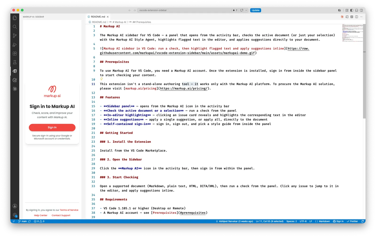Markup AI sidebar panel in VS Code showing the Sign in to Markup AI screen with a Sign In button and links to the Help Center, Contact Support, and Terms of Service.