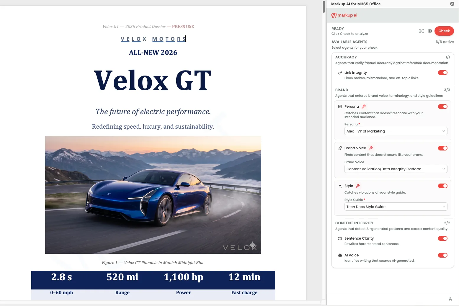 Markup AI task pane in its READY state with the Available Agents panel showing the Style agent toggled on and the Style Guide dropdown set to Main.