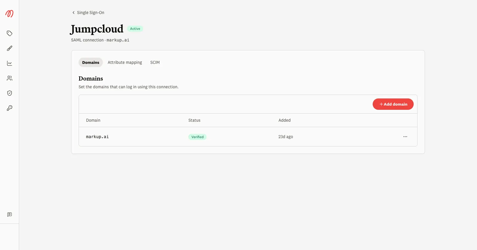 Connection detail page with the Domains tab selected and a verified domain