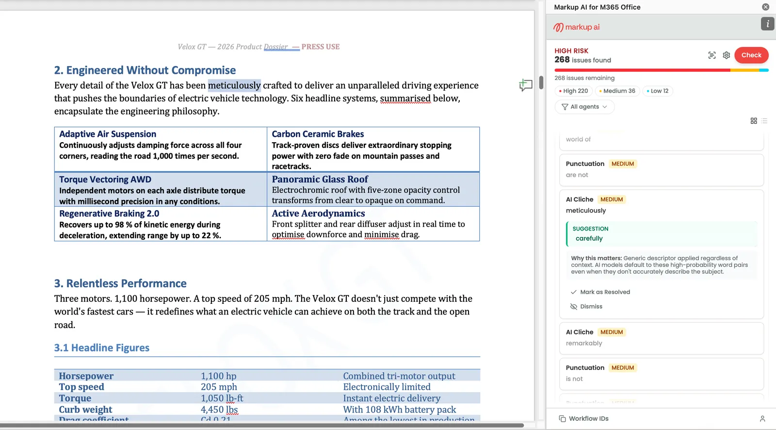 Markup AI sidebar showing 70 issues remaining with counters for 11 accepted and 4 dismissed suggestions after the user has resolved several issues.