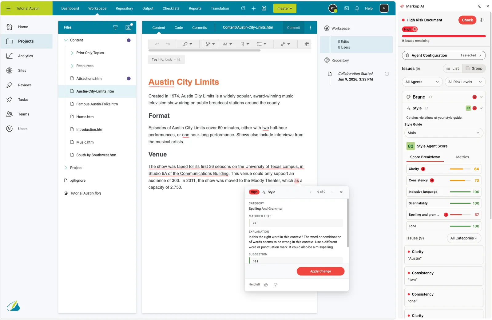 The Markup AI panel showing a High Risk Document badge, a Style Agent score of 82 with a category breakdown (Clarity, Consistency, Inclusive language, Scannability, Spelling and grammar, Tone), and a list of issues, next to a MadCap Flare Online content file with an issue popup open showing the matched text, an explanation, a suggested replacement, and an Apply Change button.