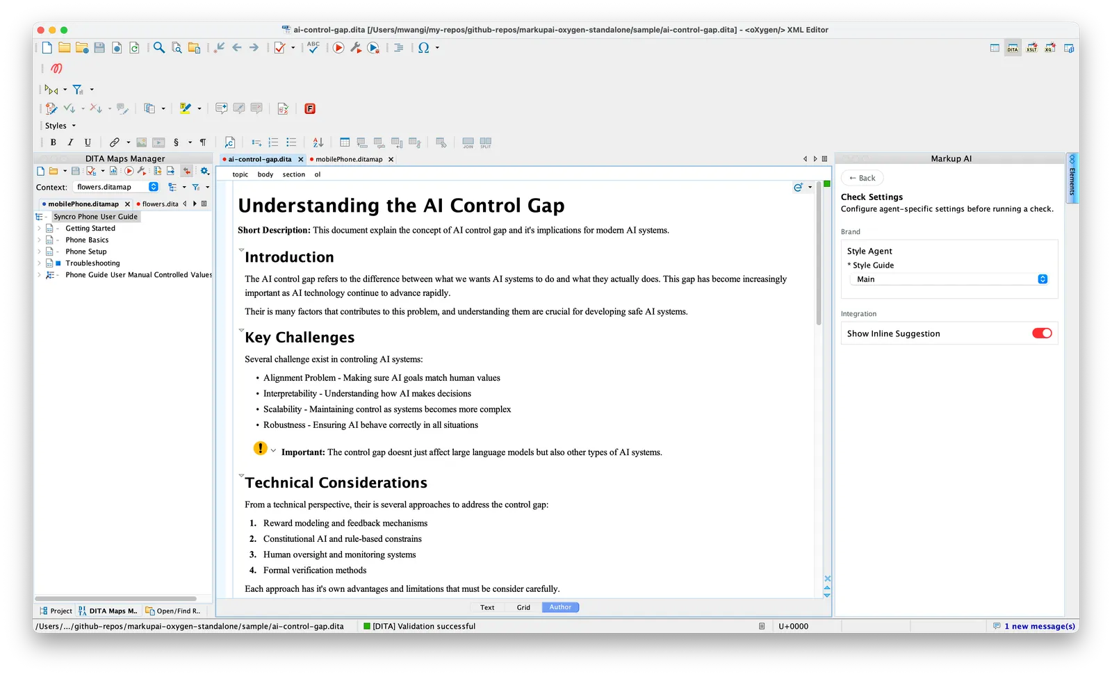 Markup AI Check Settings panel in the Oxygen sidebar, showing the Style Agent section with a Style Guide dropdown set to 'Main'.