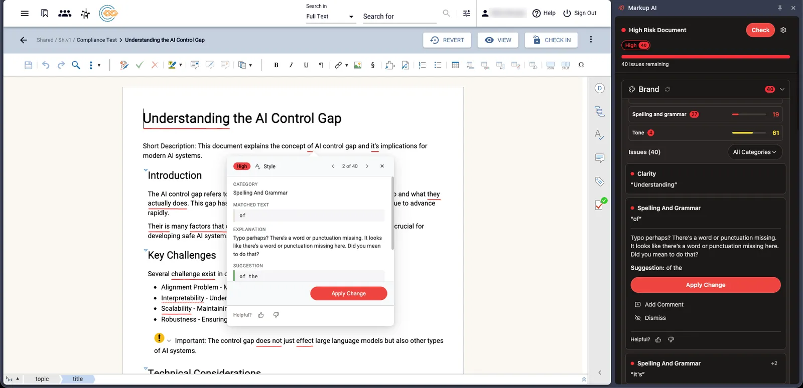The Markup AI panel listing issues by category next to a DITA topic, with one Spelling and Grammar issue open in the editor showing its explanation, suggestion, and an Apply Change button.
