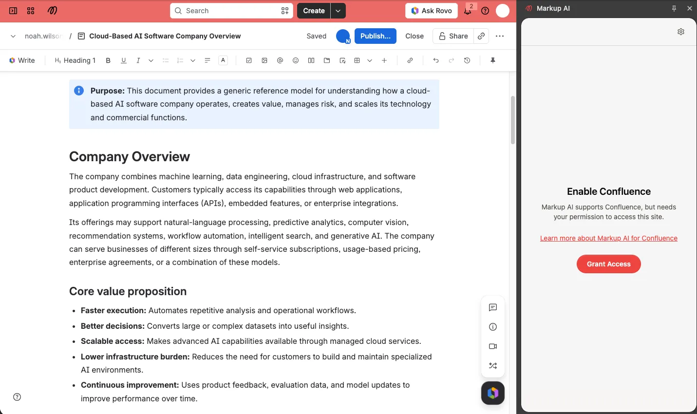 A Confluence page with the Markup AI panel alongside it, prompting for permission to access the site with a Grant Access button.