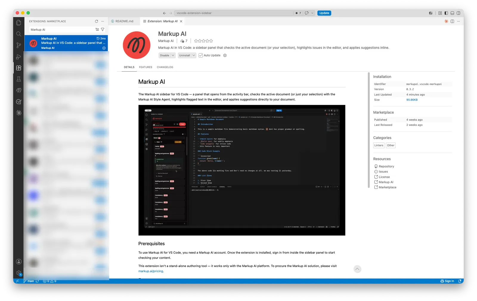 VS Code Extensions view showing the Markup AI extension listing from the Marketplace, with the Markup AI icon visible in the activity bar on the left.