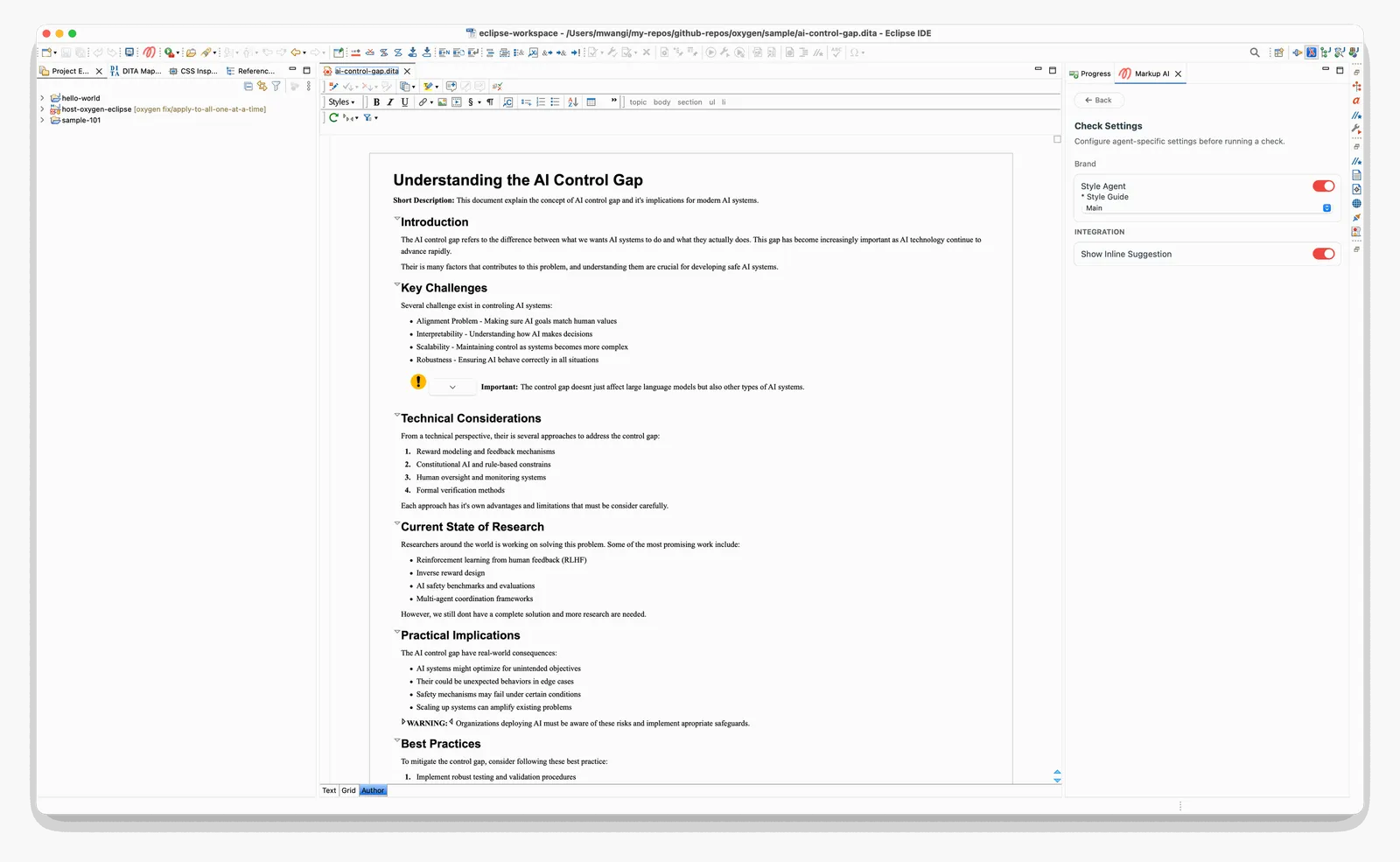 Markup AI Check Settings panel in the Eclipse sidebar, reached with the Back button, showing the Brand category with the Style Agent toggled on and its required Style Guide dropdown set to 'Main', and the Integration section with the Show Inline Suggestion toggle.