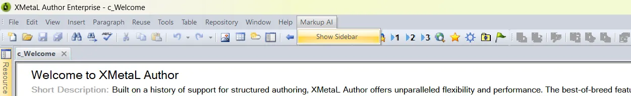 XMetaL Author menu bar with the Markup AI menu open, showing the Show Sidebar item.