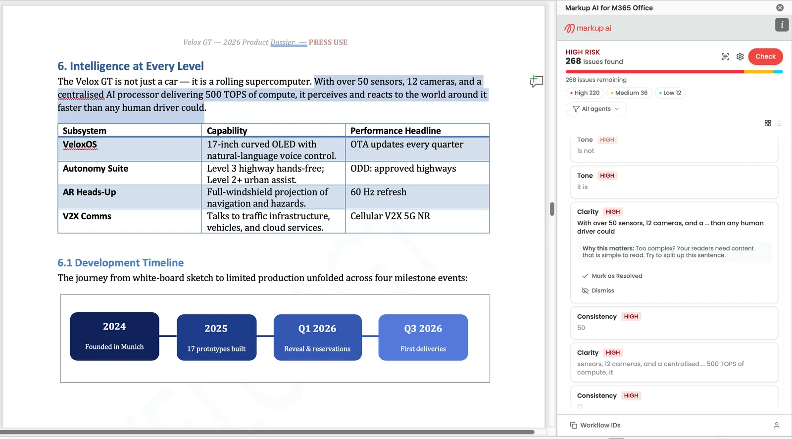 Markup AI sidebar showing a Clarity HIGH issue with the matching sentence highlighted in the Word document body.