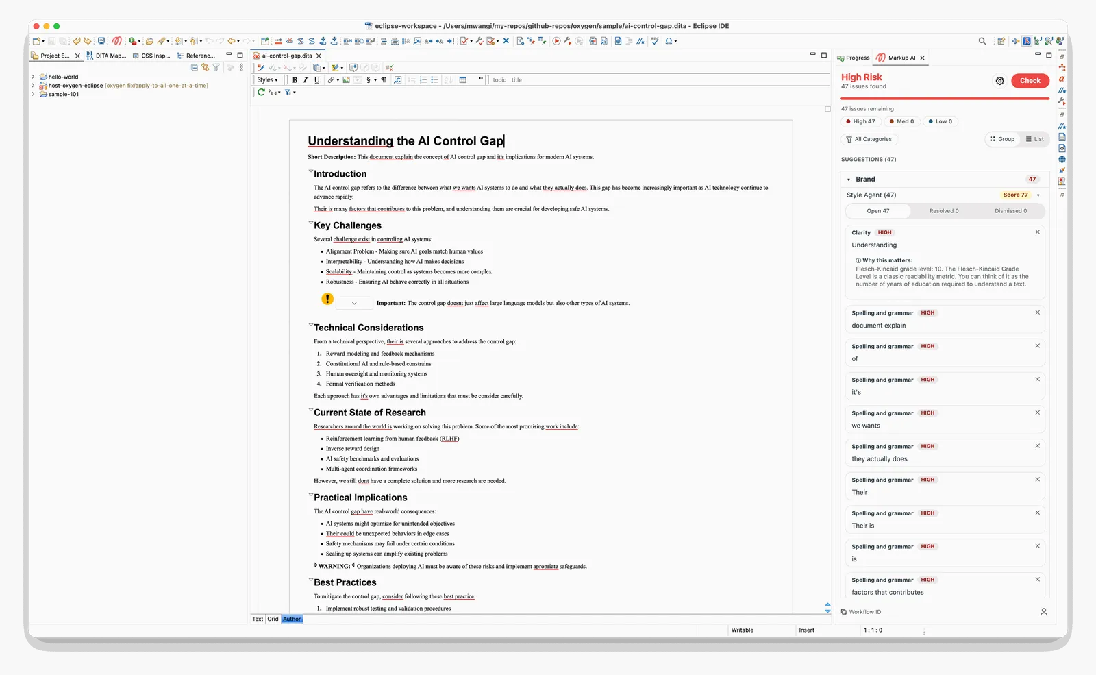Markup AI sidebar in Eclipse showing 'High Risk' with 47 issues found, severity chips (High 47, Med 0, Low 0), and the Suggestions list grouped under Brand and Style Agent with a score of 77, the first card expanded with a Why this matters explanation, while the flagged text is underlined in the Author page.